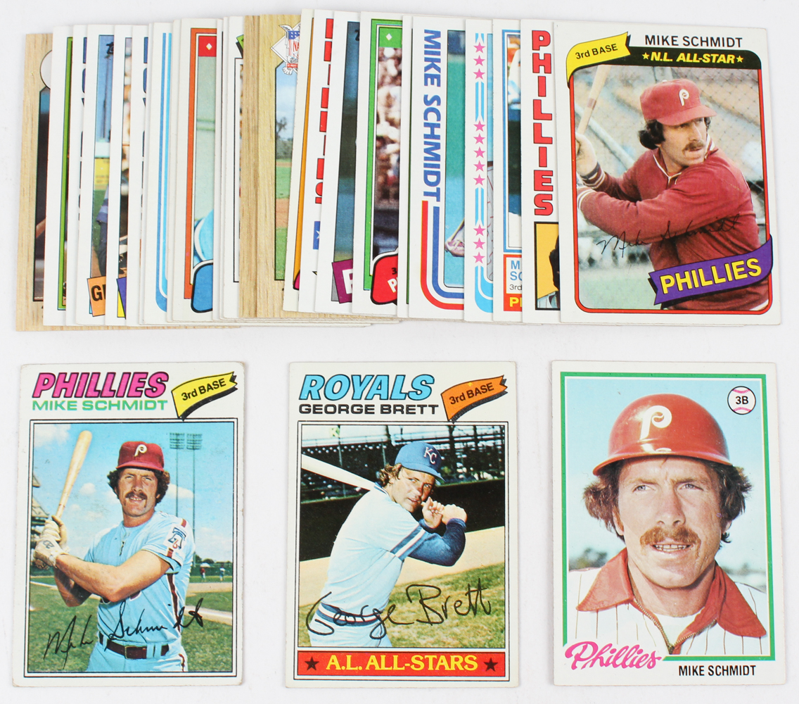 Lot of (28) Mike Schmidt & George Brett Baseball Cards with 1977 Topps #140 Mike Schmidt, 1978 Topps #360 Mike Schmidt, 1977 Topps #580 George Brett at PristineAuction.com Lot of (28) Mike Schmidt & George Brett Baseball Cards with 1977 Topps #140 Mike Schmidt, 1978 Topps #360 Mike Schmidt, 1977 Topps #580 George Brett at PristineAuction.com