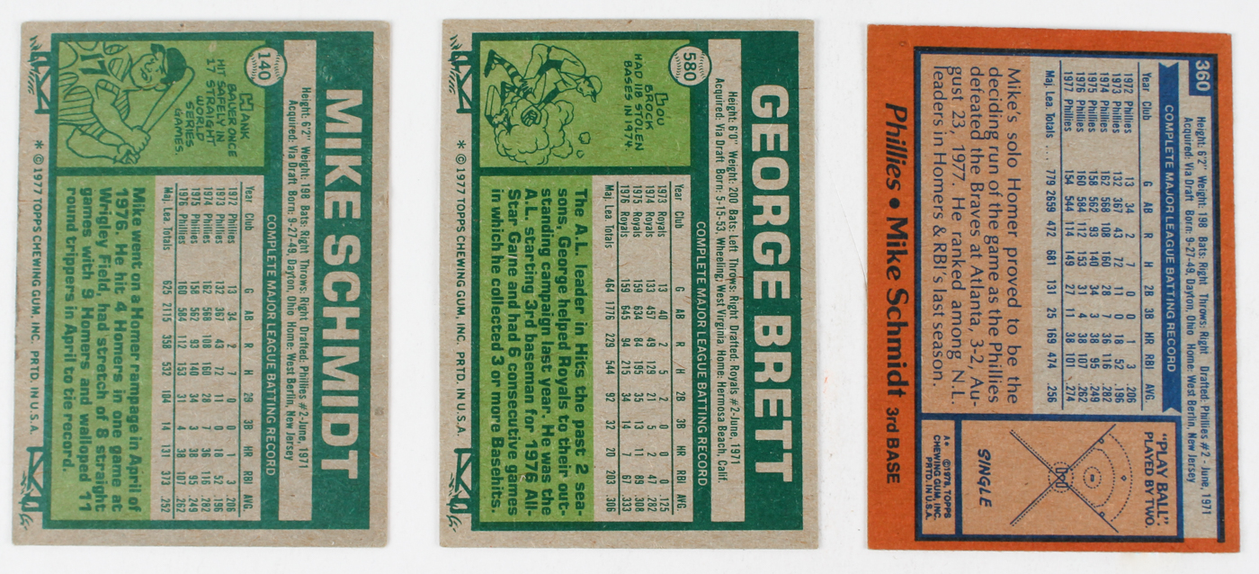 Lot of (28) Mike Schmidt & George Brett Baseball Cards with 1977 Topps #140 Mike Schmidt, 1978 Topps #360 Mike Schmidt, 1977 Topps #580 George Brett at PristineAuction.com Lot of (28) Mike Schmidt & George Brett Baseball Cards with 1977 Topps #140 Mike Schmidt, 1978 Topps #360 Mike Schmidt, 1977 Topps #580 George Brett at PristineAuction.com