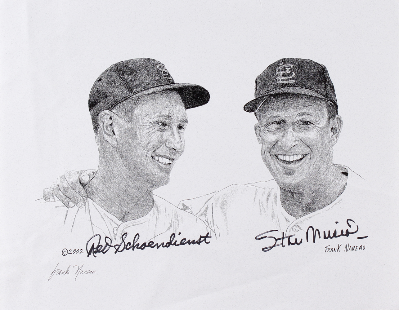 Stan Musial & Red Schoendienst Signed Cardinals 11x14 2002 Frank Nareau Print (PA COA) at PristineAuction.com Stan Musial & Red Schoendienst Signed Cardinals 11x14 2002 Frank Nareau Print (PA COA) at PristineAuction.com