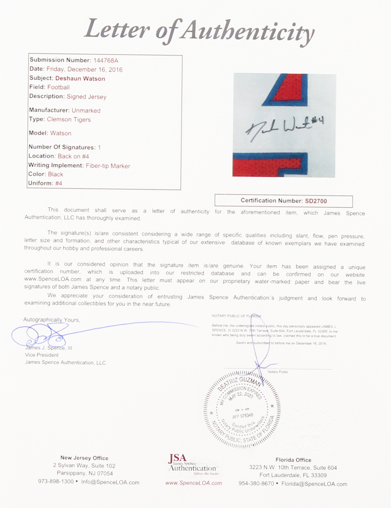 Deshaun Watson Signed Clemson Tigers Jersey (JSA LOA) at PristineAuction.com Deshaun Watson Signed Clemson Tigers Jersey (JSA LOA) at PristineAuction.com