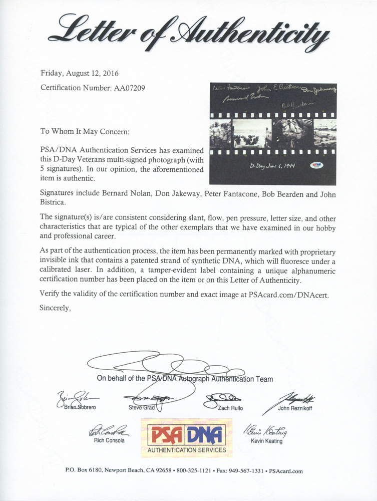 D-Day Veterans 8x10 Photo Signed by (5) with Don Jakeway, Bernard Nolan, John Bistrica, Peter Fantacone & Bob Bearden (PSA LOA) at PristineAuction.com D-Day Veterans 8x10 Photo Signed by (5) with Don Jakeway, Bernard Nolan, John Bistrica, Peter Fantacone & Bob Bearden (PSA LOA) at PristineAuction.com