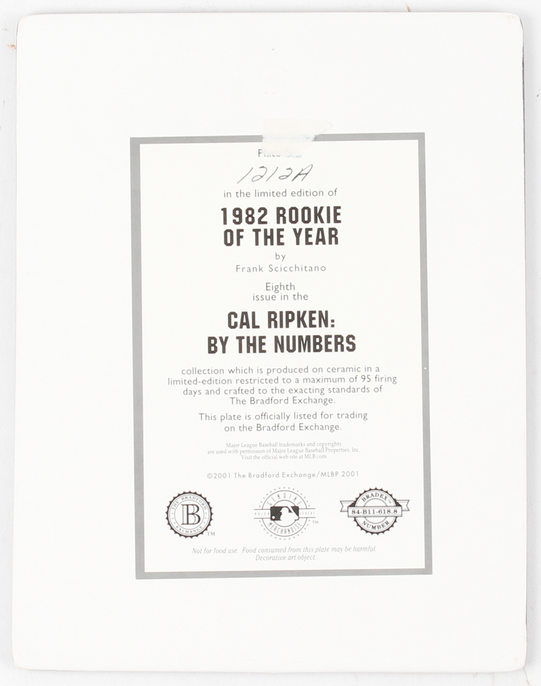 Cal Ripken Jr. LE Orioles "1982 Rookie Of The Year" Bradford Exchange Ceramic Plate (Bradford COA) at PristineAuction.com Cal Ripken Jr. LE Orioles "1982 Rookie Of The Year" Bradford Exchange Ceramic Plate (Bradford COA) at PristineAuction.com
