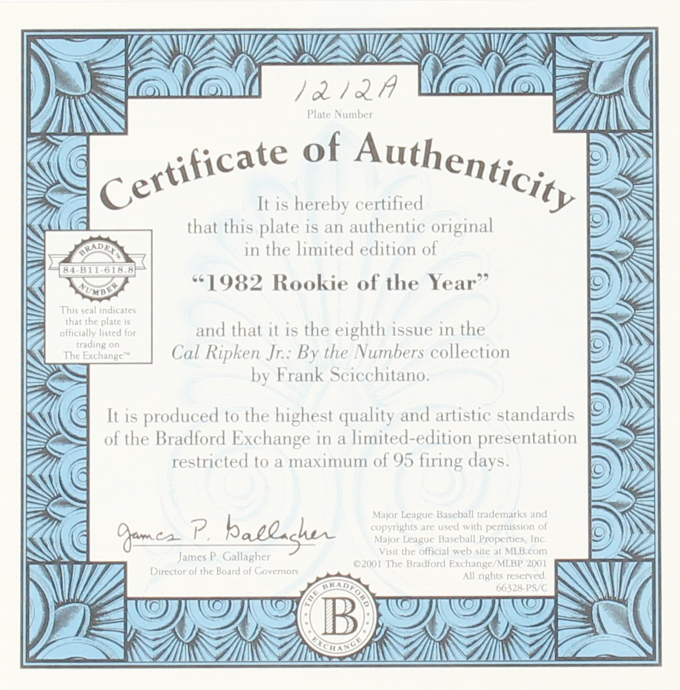 Cal Ripken Jr. LE Orioles "1982 Rookie Of The Year" Bradford Exchange Ceramic Plate (Bradford COA) at PristineAuction.com Cal Ripken Jr. LE Orioles "1982 Rookie Of The Year" Bradford Exchange Ceramic Plate (Bradford COA) at PristineAuction.com