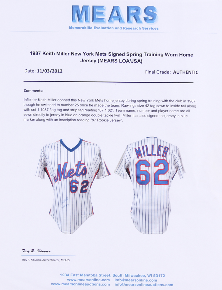Keith Miller Signed Mets Game-Used Jersey Inscribed "87 Rookie Jersey" (Mears LOA) at PristineAuction.com Keith Miller Signed Mets Game-Used Jersey Inscribed "87 Rookie Jersey" (Mears LOA) at PristineAuction.com