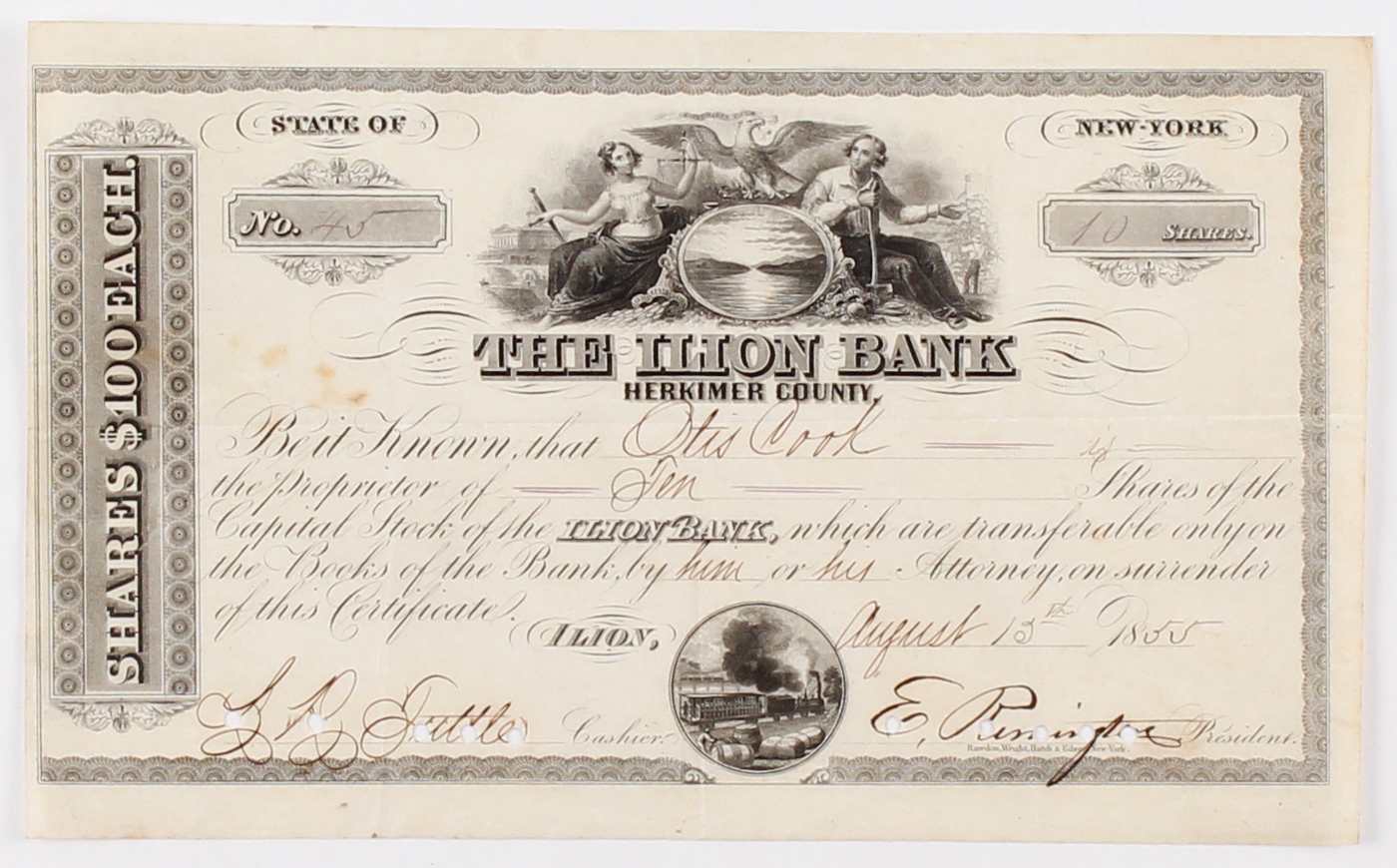 Eliphalet Remington Signed Vintage 1855 "The ILION Bank" Stock Certificate (JSA ALOA) at PristineAuction.com Eliphalet Remington Signed Vintage 1855 "The ILION Bank" Stock Certificate (JSA ALOA) at PristineAuction.com