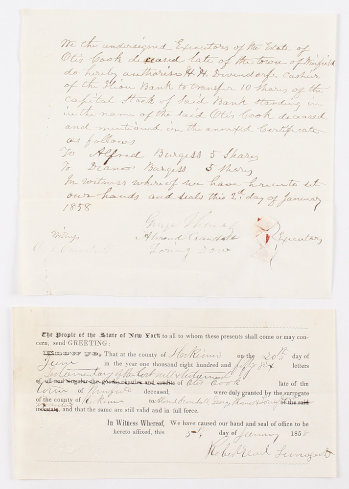 Eliphalet Remington Signed Vintage 1855 "The ILION Bank" Stock Certificate (JSA ALOA) at PristineAuction.com Eliphalet Remington Signed Vintage 1855 "The ILION Bank" Stock Certificate (JSA ALOA) at PristineAuction.com