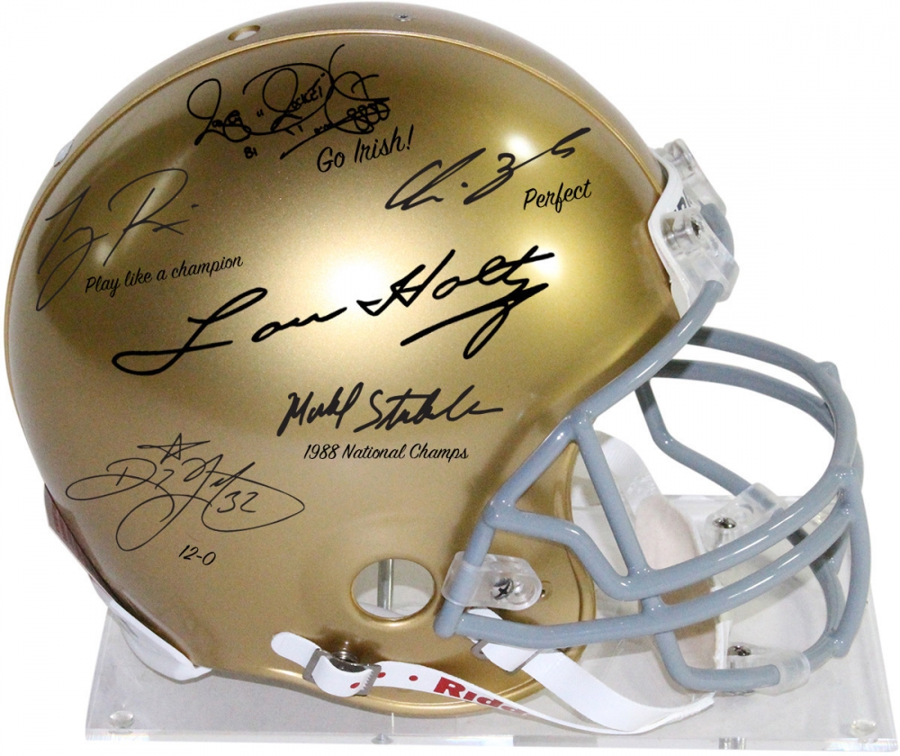 1988 Notre Dame Fighting Irish Full-Size Authentic Pro-Line Helmet Signed by (6) with Lou Holtz, Ricky Watters, Rocket Ismael, Tony Rice, Chris Zorich & Michael Stonebreaker (Steiner COA) at PristineAuction.com 1988 Notre Dame Fighting Irish Full-Size Authentic Pro-Line Helmet Signed by (6) with Lou Holtz, Ricky Watters, Rocket Ismael, Tony Rice, Chris Zorich & Michael Stonebreaker (Steiner COA) at PristineAuction.com
