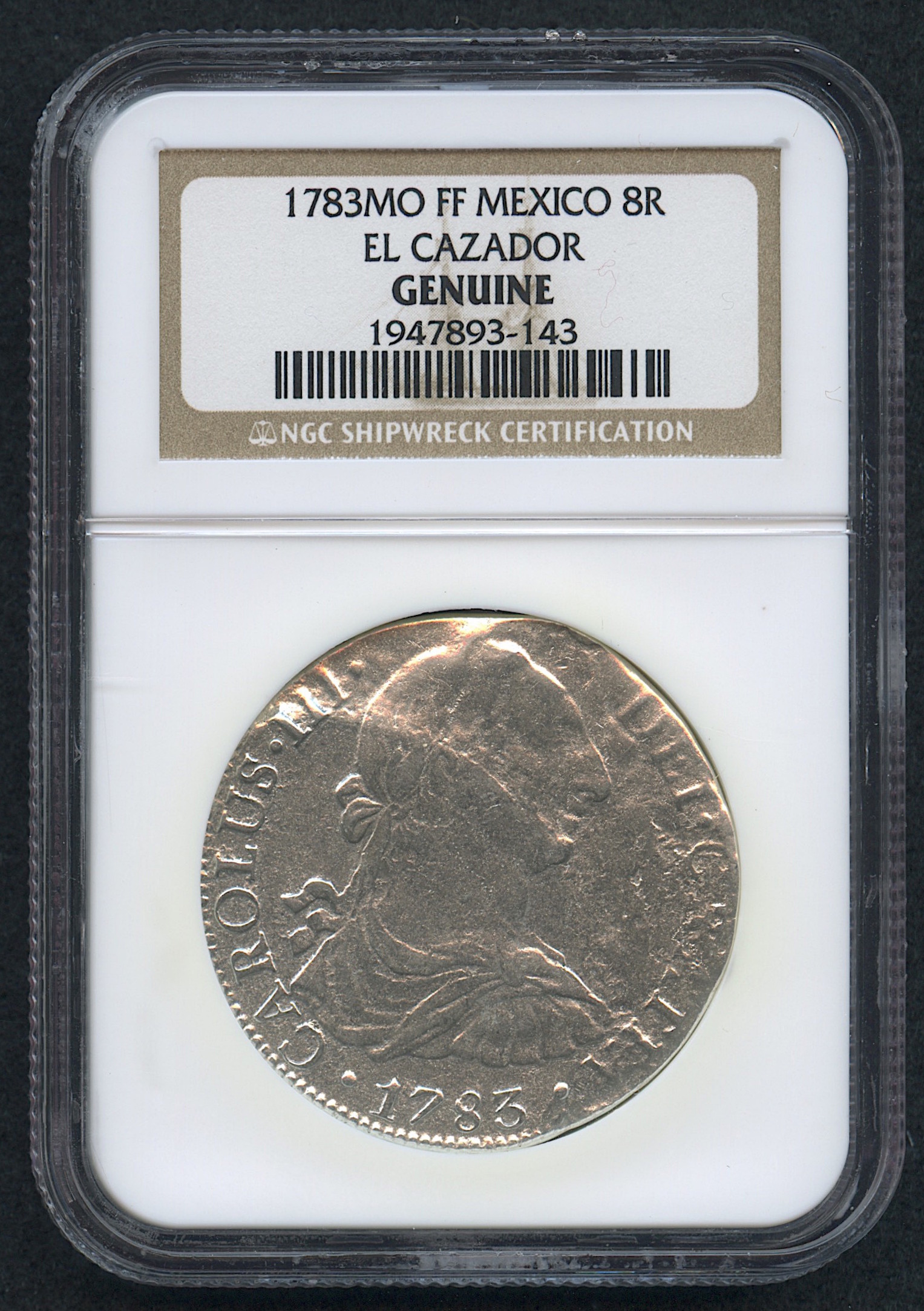 1783 8 Reales MO FF Silver Shipwreck Coin from the El Cazador (NGC Encapsulated) at PristineAuction.com 1783 8 Reales MO FF Silver Shipwreck Coin from the El Cazador (NGC Encapsulated) at PristineAuction.com
