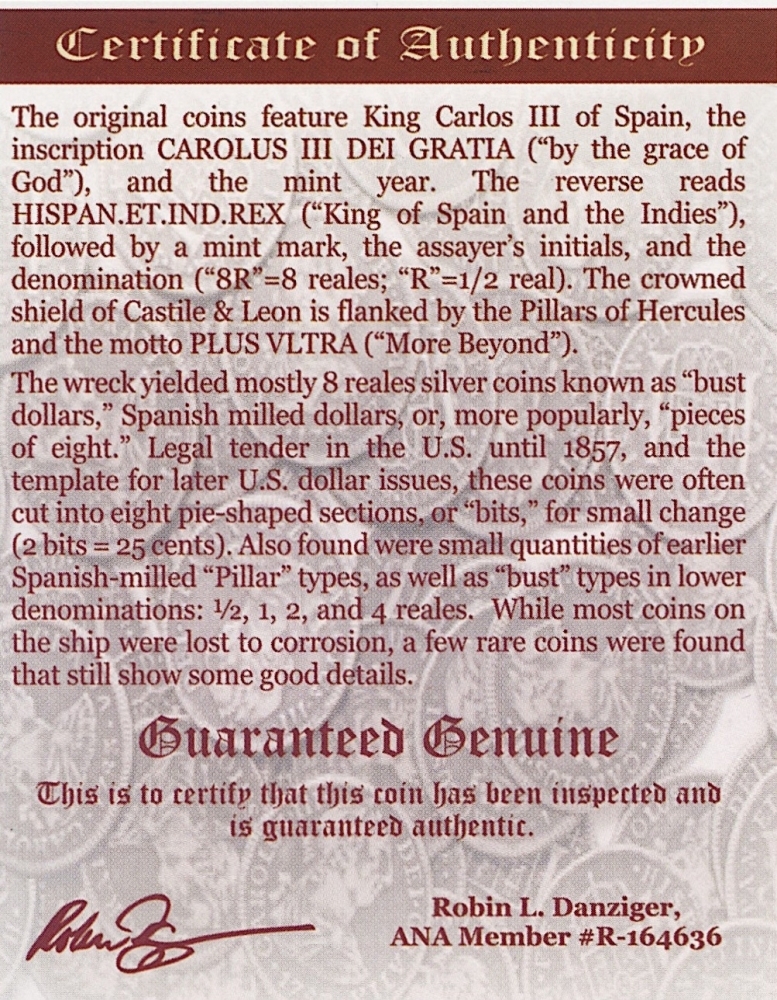 1783 8 Reales MO FF Silver Shipwreck Coin from the El Cazador (NGC Encapsulated) at PristineAuction.com 1783 8 Reales MO FF Silver Shipwreck Coin from the El Cazador (NGC Encapsulated) at PristineAuction.com