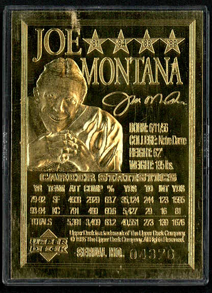 1995 Joe Montana LE 23kt Gold Upper Deck Football Card at PristineAuction.com 1995 Joe Montana LE 23kt Gold Upper Deck Football Card at PristineAuction.com