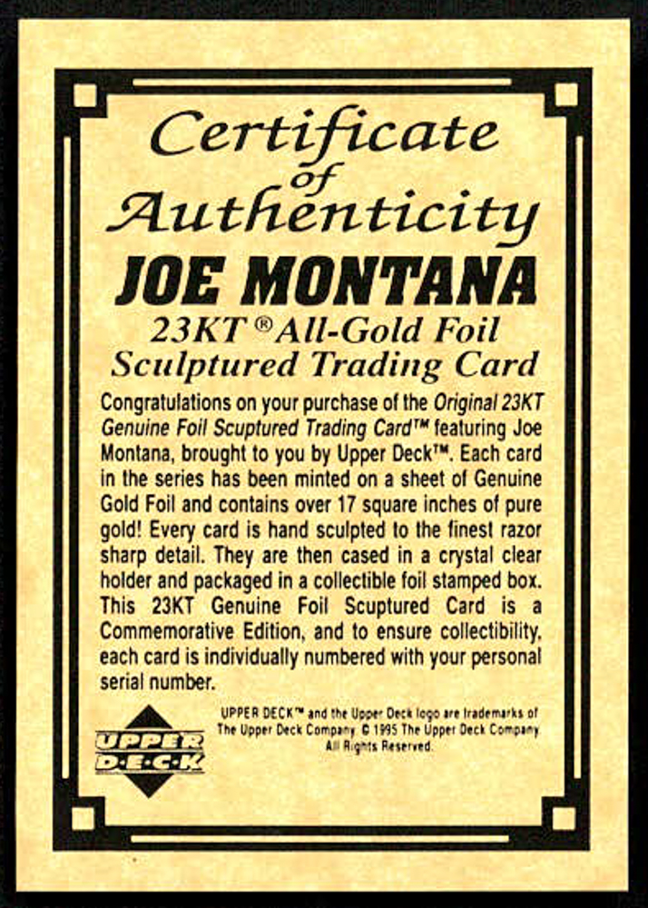 1995 Joe Montana LE 23kt Gold Upper Deck Football Card at PristineAuction.com 1995 Joe Montana LE 23kt Gold Upper Deck Football Card at PristineAuction.com
