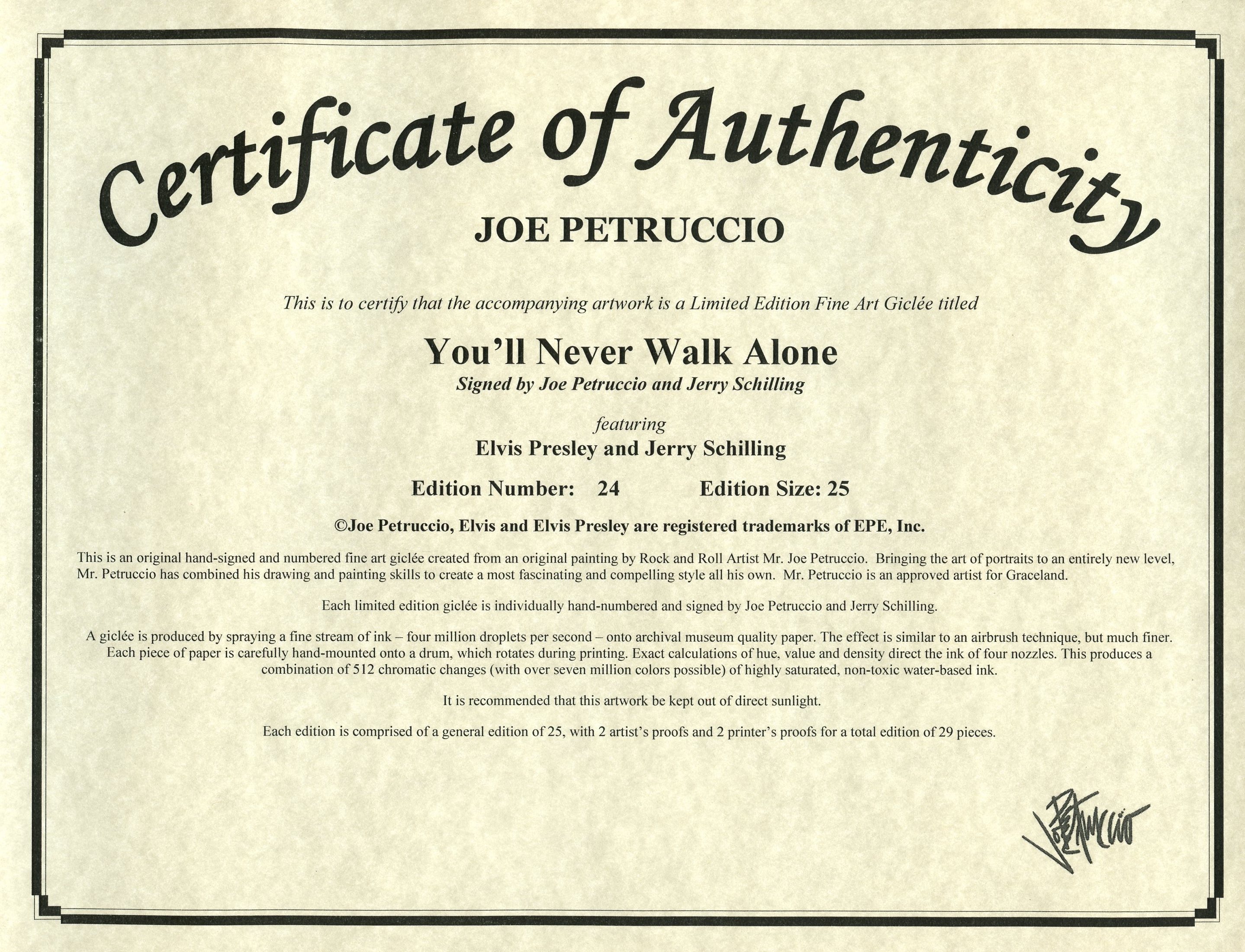 Joe Petruccio - Jerry Schilling - Elvis Presley "You'll Never Walk Alone" Signed Limited Edition 20" x 27.5" Fine Art Giclee on Canvas #24/25 (Petruccio COA & PA LOA) at PristineAuction.com Joe Petruccio - Jerry Schilling - Elvis Presley "You'll Never Walk Alone" Signed Limited Edition 20" x 27.5" Fine Art Giclee on Canvas #24/25 (Petruccio COA & PA LOA) at PristineAuction.com