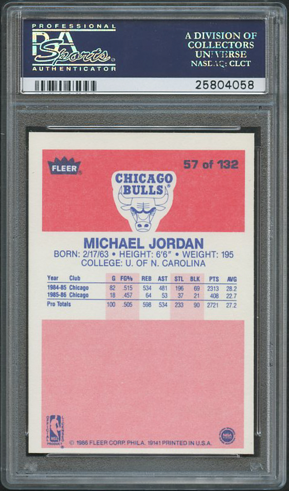 1986-87 Fleer #57 Michael Jordan RC (PSA 6) at PristineAuction.com 1986-87 Fleer #57 Michael Jordan RC (PSA 6) at PristineAuction.com