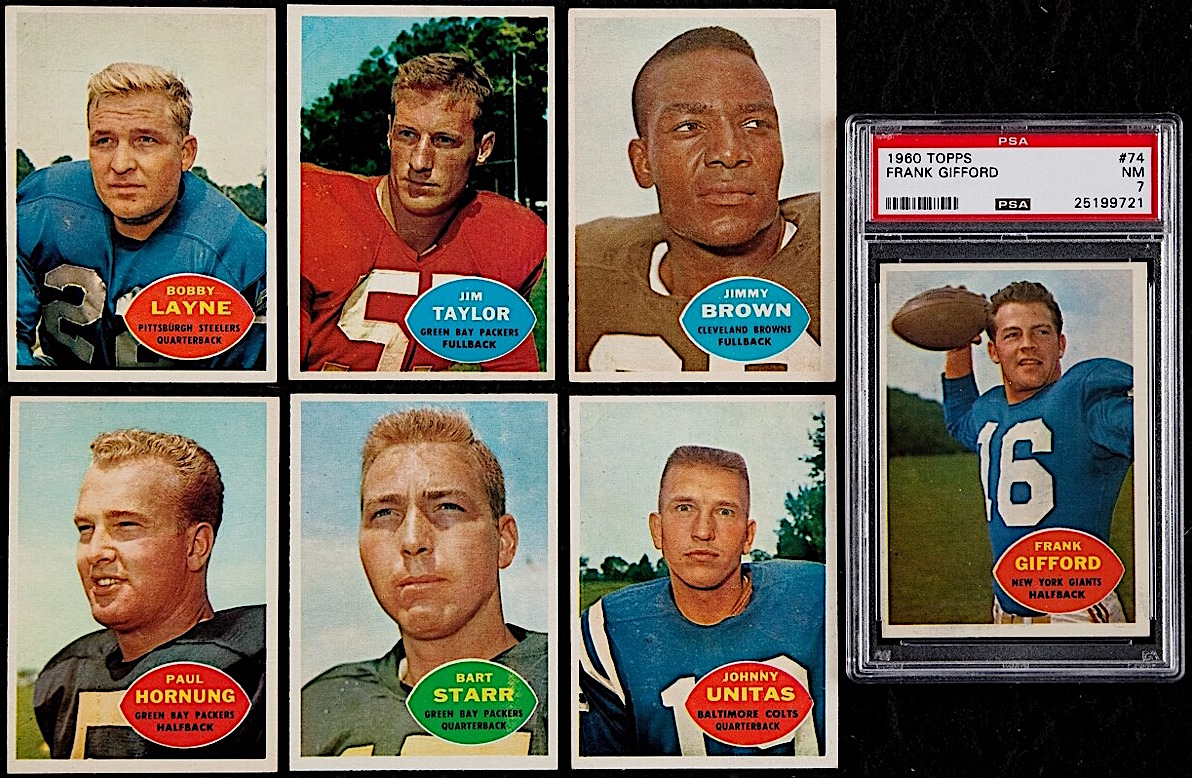1960 Topps Football Complete Set of (132) Cards with #74 Frank Gifford (PSA 7), #23 Jim Brown, #1 Johnny Unitas, #51 Bart Starr, #54 Paul Hornung, #56 Forrest Gregg RC (PSA 5) at PristineAuction.com 1960 Topps Football Complete Set of (132) Cards with #74 Frank Gifford (PSA 7), #23 Jim Brown, #1 Johnny Unitas, #51 Bart Starr, #54 Paul Hornung, #56 Forrest Gregg RC (PSA 5) at PristineAuction.com