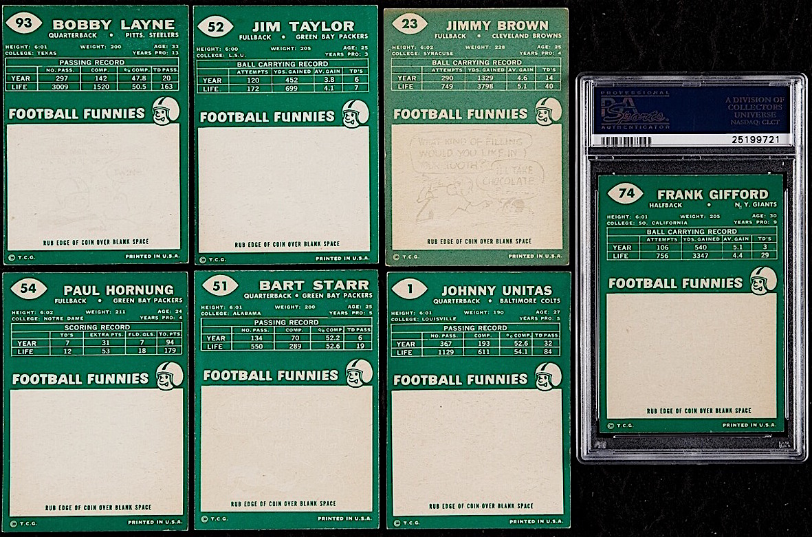 1960 Topps Football Complete Set of (132) Cards with #74 Frank Gifford (PSA 7), #23 Jim Brown, #1 Johnny Unitas, #51 Bart Starr, #54 Paul Hornung, #56 Forrest Gregg RC (PSA 5) at PristineAuction.com 1960 Topps Football Complete Set of (132) Cards with #74 Frank Gifford (PSA 7), #23 Jim Brown, #1 Johnny Unitas, #51 Bart Starr, #54 Paul Hornung, #56 Forrest Gregg RC (PSA 5) at PristineAuction.com