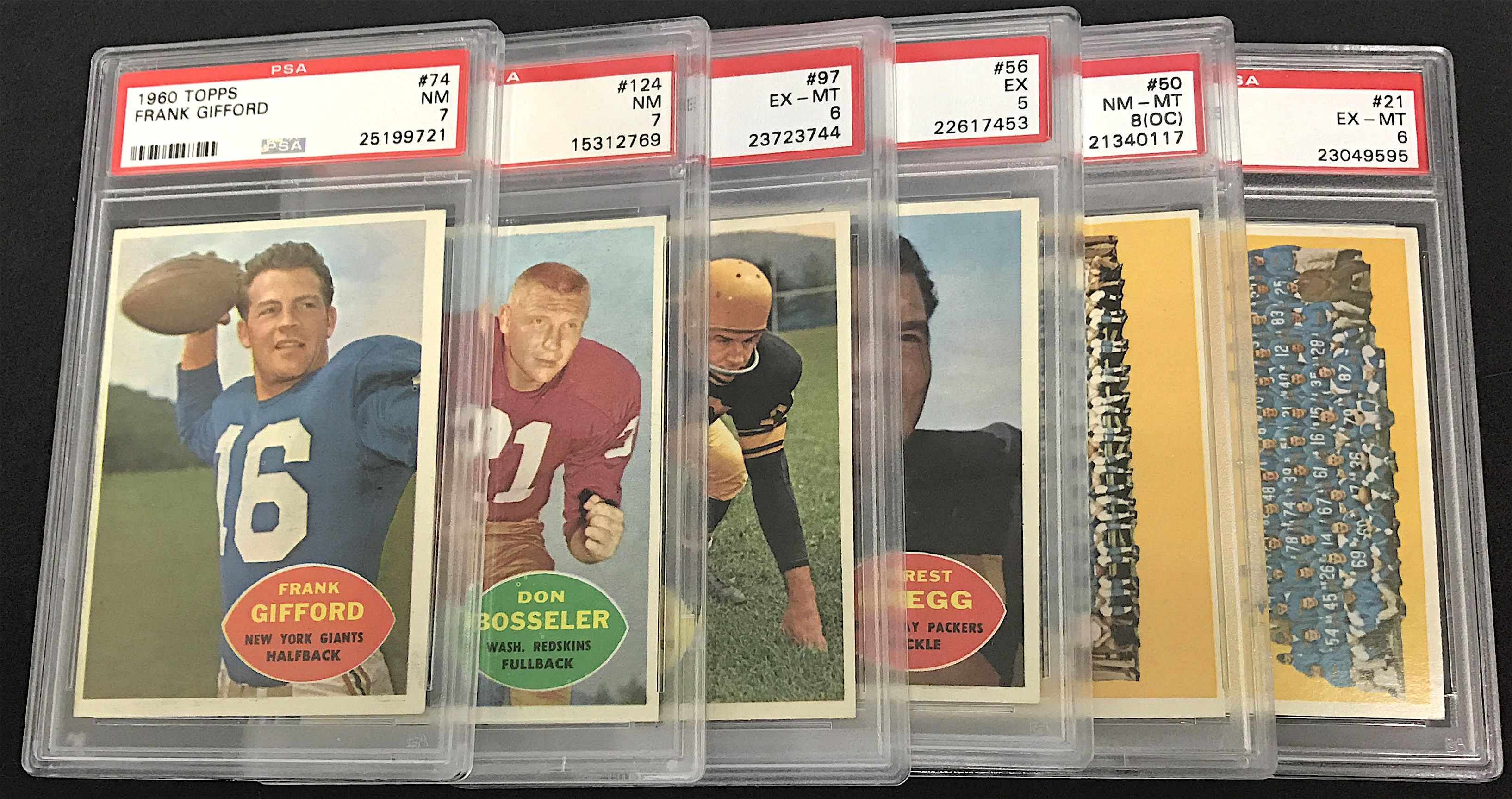 1960 Topps Football Complete Set of (132) Cards with #74 Frank Gifford (PSA 7), #23 Jim Brown, #1 Johnny Unitas, #51 Bart Starr, #54 Paul Hornung, #56 Forrest Gregg RC (PSA 5) at PristineAuction.com 1960 Topps Football Complete Set of (132) Cards with #74 Frank Gifford (PSA 7), #23 Jim Brown, #1 Johnny Unitas, #51 Bart Starr, #54 Paul Hornung, #56 Forrest Gregg RC (PSA 5) at PristineAuction.com