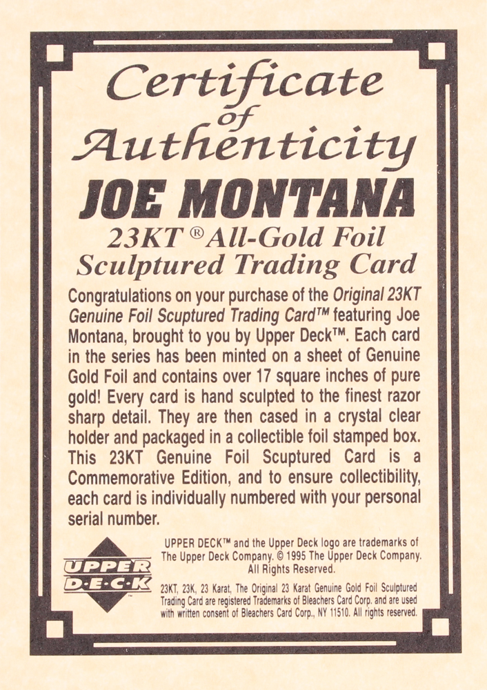1995 Joe Montana LE 23kt Gold Upper Deck Football Card at PristineAuction.com 1995 Joe Montana LE 23kt Gold Upper Deck Football Card at PristineAuction.com