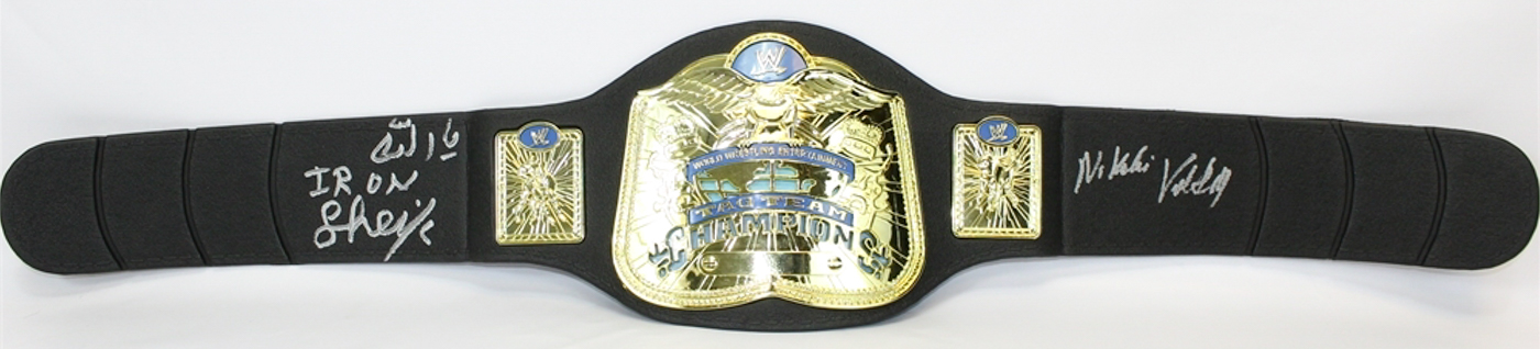 Iron Sheik & Nikolai Volkoff Signed Tag Team Wrestling Champions Belt with Inscription (JSA COA) at PristineAuction.com Iron Sheik & Nikolai Volkoff Signed Tag Team Wrestling Champions Belt with Inscription (JSA COA) at PristineAuction.com