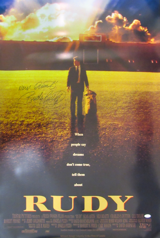 Rudy Ruettiger Signed "Rudy" 27" x 40" Movie Poster Photo Inscribed "Never Quit!" (JSA Hologram) at PristineAuction.com Rudy Ruettiger Signed "Rudy" 27" x 40" Movie Poster Photo Inscribed "Never Quit!" (JSA Hologram) at PristineAuction.com