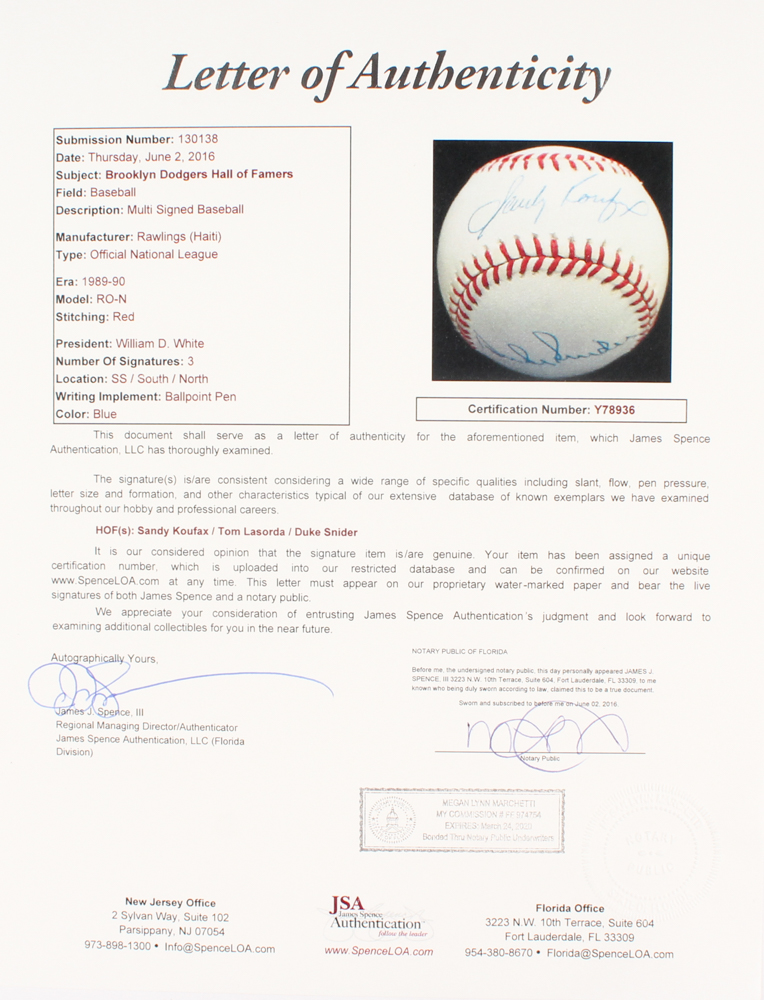 Sandy Koufax, Tom Lasorda & Duke Snider Signed ONL Baseball (JSA LOA) at PristineAuction.com Sandy Koufax, Tom Lasorda & Duke Snider Signed ONL Baseball (JSA LOA) at PristineAuction.com