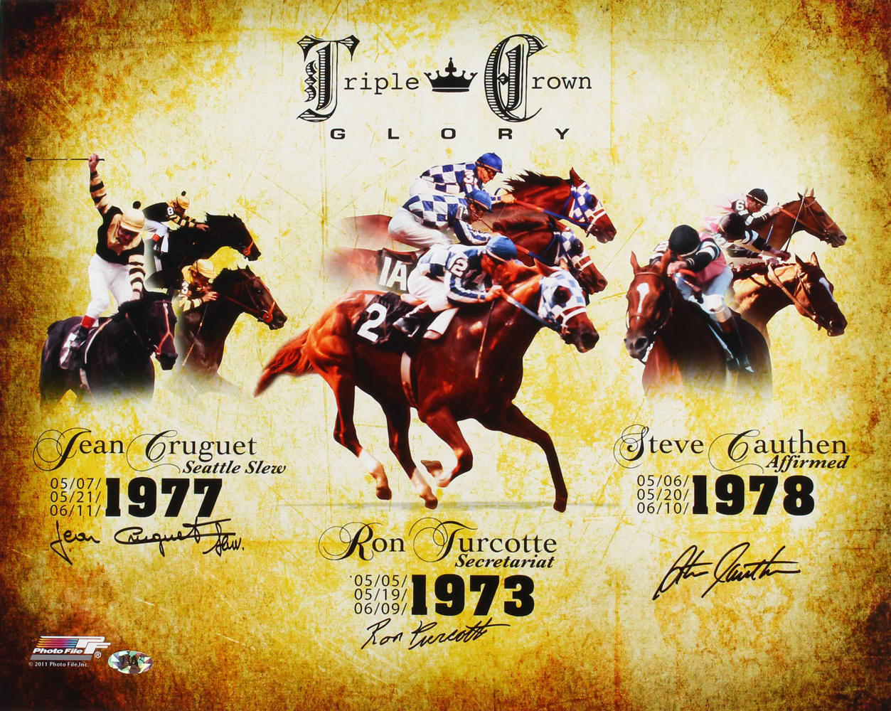 Steve Cauthen, Ron Turcotte & Jean Cruguet Signed 'Triple Crown Glory' 16x20 Photo (MAB Hologram) at PristineAuction.com Steve Cauthen, Ron Turcotte & Jean Cruguet Signed 'Triple Crown Glory' 16x20 Photo (MAB Hologram) at PristineAuction.com