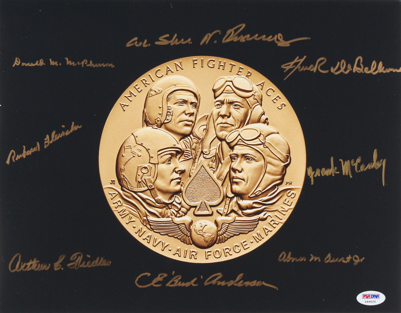 American Fighter Aces 11" x 14" Photo Signed by (8) Veterans with Richard H. Fleisher, Frank McCauley, Abner Aust Jr. (PSA LOA) at PristineAuction.com American Fighter Aces 11" x 14" Photo Signed by (8) Veterans with Richard H. Fleisher, Frank McCauley, Abner Aust Jr. (PSA LOA) at PristineAuction.com