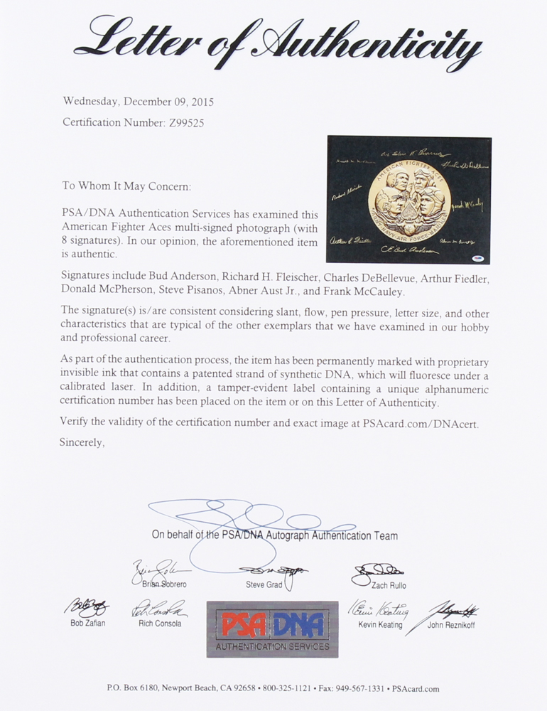 American Fighter Aces 11" x 14" Photo Signed by (8) Veterans with Richard H. Fleisher, Frank McCauley, Abner Aust Jr. (PSA LOA) at PristineAuction.com American Fighter Aces 11" x 14" Photo Signed by (8) Veterans with Richard H. Fleisher, Frank McCauley, Abner Aust Jr. (PSA LOA) at PristineAuction.com