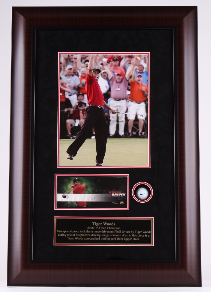 Sports Memorabilia Auction Pristine Tiger Woods 22 5 X 33 Custom Framed Display With Range Driven Golf Ball