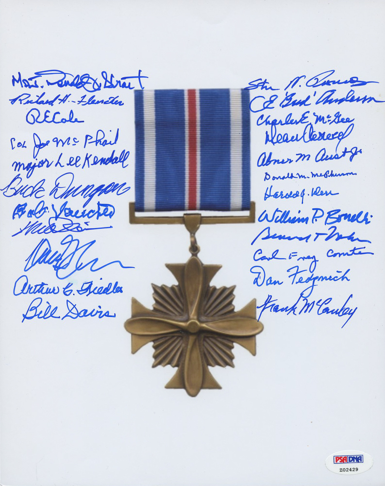 Distinguished Flying Cross 8x10 Photo Signed by (23) with Donald Strait, Steve Pisanos, RE Cole, Charles Mcgee, Joe McPhail (PSA LOA) at PristineAuction.com Distinguished Flying Cross 8x10 Photo Signed by (23) with Donald Strait, Steve Pisanos, RE Cole, Charles Mcgee, Joe McPhail (PSA LOA) at PristineAuction.com