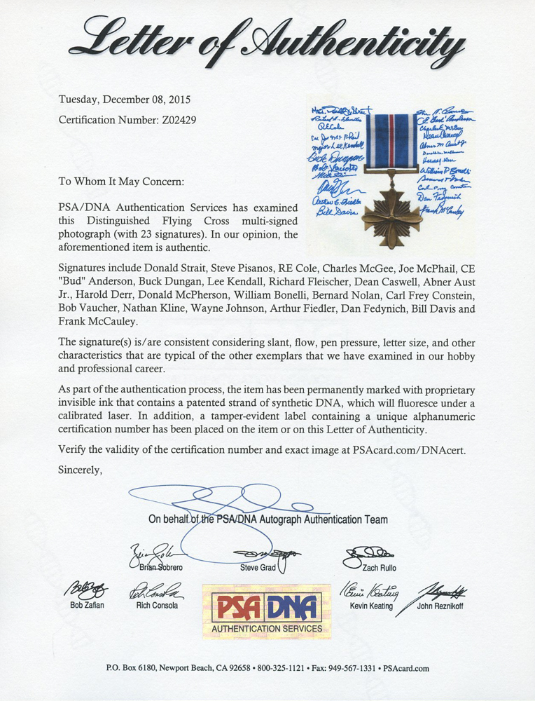 Distinguished Flying Cross 8x10 Photo Signed by (23) with Donald Strait, Steve Pisanos, RE Cole, Charles Mcgee, Joe McPhail (PSA LOA) at PristineAuction.com Distinguished Flying Cross 8x10 Photo Signed by (23) with Donald Strait, Steve Pisanos, RE Cole, Charles Mcgee, Joe McPhail (PSA LOA) at PristineAuction.com