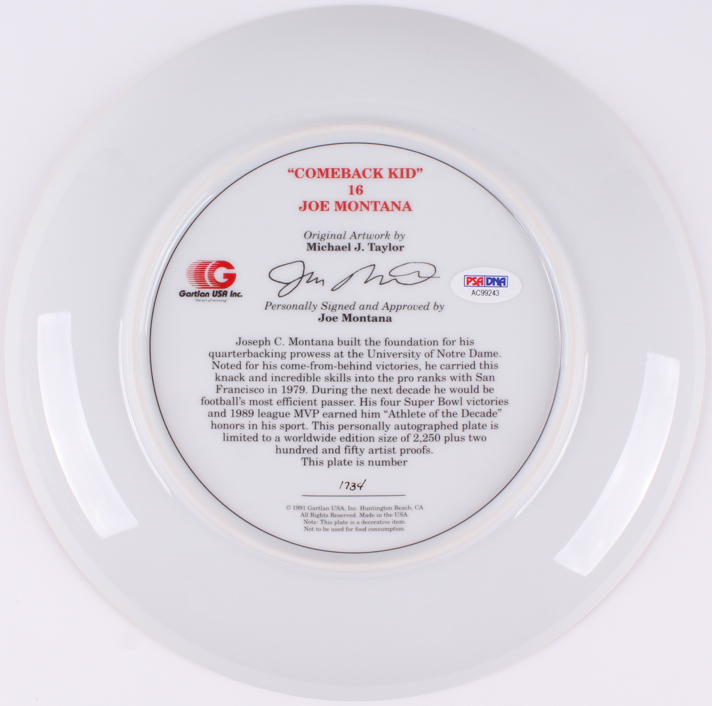 Joe Montana Signed "Comeback Kid" Porcelain Plate (Gartlan & PSA COA) at PristineAuction.com Joe Montana Signed "Comeback Kid" Porcelain Plate (Gartlan & PSA COA) at PristineAuction.com