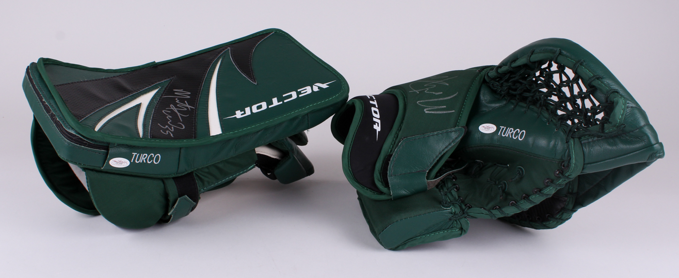 Marty Turco Signed Stars Game-Used Ice Hockey Goalie Blocker Glove Set (JSA COA) at PristineAuction.com Marty Turco Signed Stars Game-Used Ice Hockey Goalie Blocker Glove Set (JSA COA) at PristineAuction.com