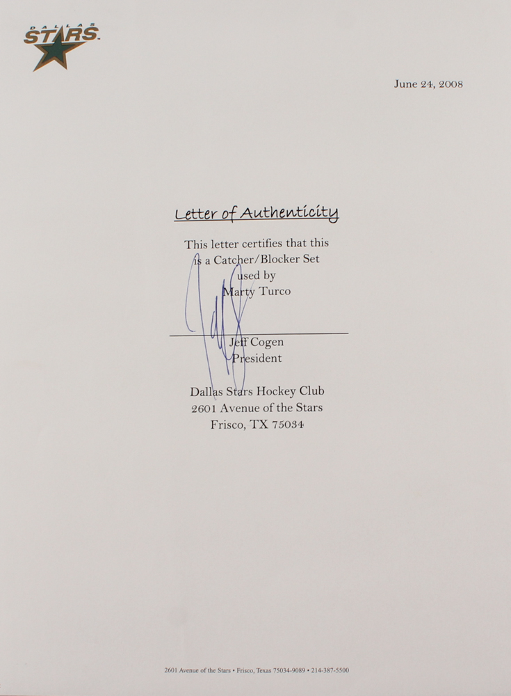 Marty Turco Signed Stars Game-Used Ice Hockey Goalie Blocker Glove Set (JSA COA) at PristineAuction.com Marty Turco Signed Stars Game-Used Ice Hockey Goalie Blocker Glove Set (JSA COA) at PristineAuction.com