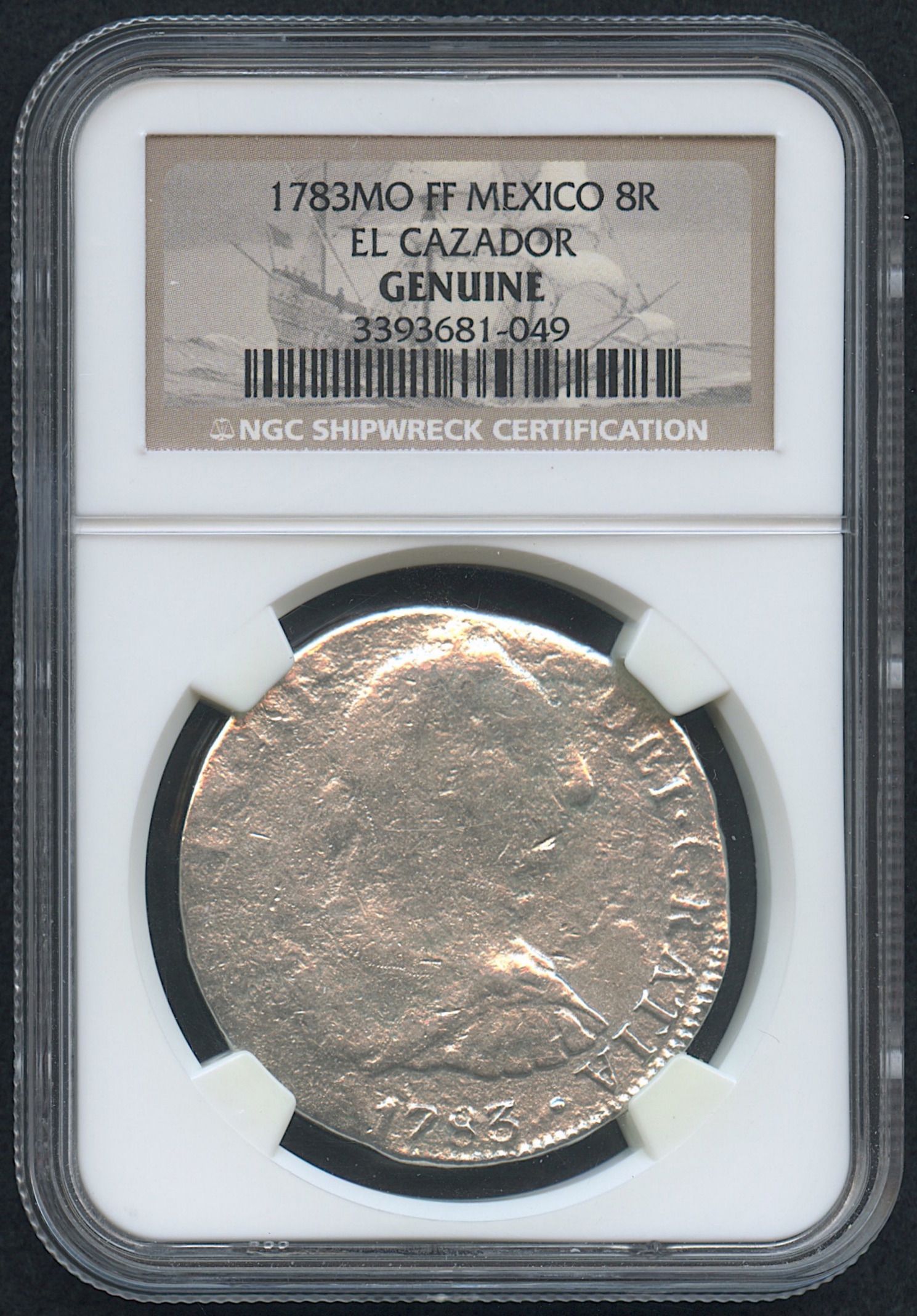 1783 8 Reales MO FF Silver Shipwreck Coin from the El Cazador (NGC Encapsulated) at PristineAuction.com 1783 8 Reales MO FF Silver Shipwreck Coin from the El Cazador (NGC Encapsulated) at PristineAuction.com
