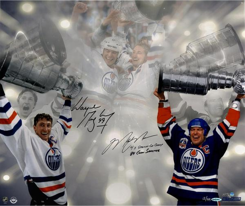 Wayne Gretzky & Mark Messier Signed LE Oilers Stanley Cup 16x24 Photo Inscribed “4X Stanley Cup Champs" & "84 Conn Smythe” (AP out of 11) (UDA COA) at PristineAuction.com Wayne Gretzky & Mark Messier Signed LE Oilers Stanley Cup 16x24 Photo Inscribed “4X Stanley Cup Champs" & "84 Conn Smythe” (AP out of 11) (UDA COA) at PristineAuction.com