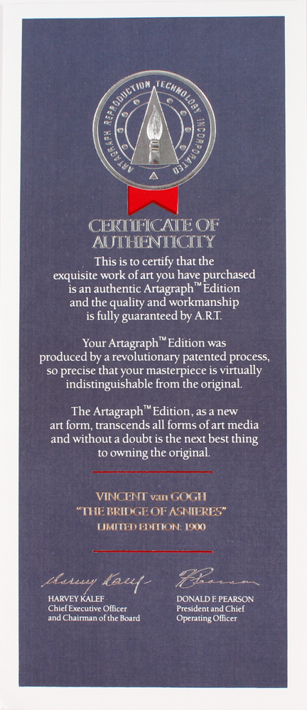 Van Gogh LE "The Bridges of Asnieres" 23" x 28" Custom Framed Giclee Embellished Reproduction On Canvas (A.R.T. COA) at PristineAuction.com Van Gogh LE "The Bridges of Asnieres" 23" x 28" Custom Framed Giclee Embellished Reproduction On Canvas (A.R.T. COA) at PristineAuction.com