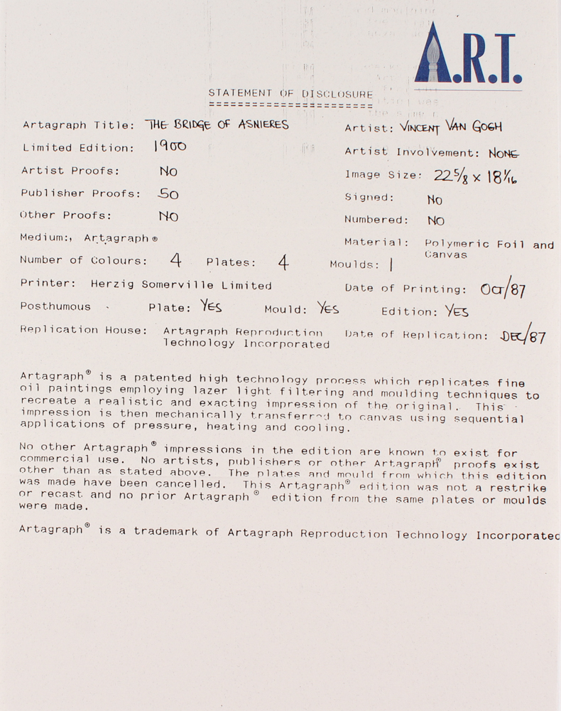 Van Gogh LE "The Bridges of Asnieres" 23" x 28" Custom Framed Giclee Embellished Reproduction On Canvas (A.R.T. COA) at PristineAuction.com Van Gogh LE "The Bridges of Asnieres" 23" x 28" Custom Framed Giclee Embellished Reproduction On Canvas (A.R.T. COA) at PristineAuction.com