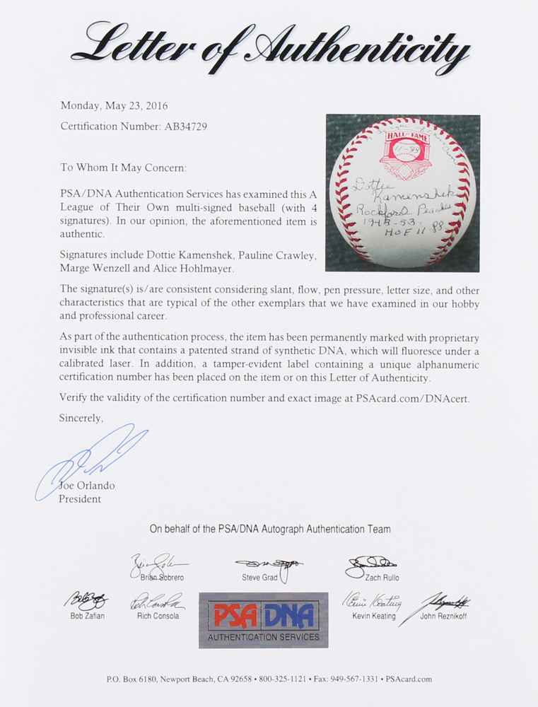 Hall of Fame OL Baseball Signed by (4) with Dottie Kamenshek, Pauline Crawley, Marge Wenzell & Alice "Lefty" Hohlmayer (PSA LOA) at PristineAuction.com Hall of Fame OL Baseball Signed by (4) with Dottie Kamenshek, Pauline Crawley, Marge Wenzell & Alice "Lefty" Hohlmayer (PSA LOA) at PristineAuction.com