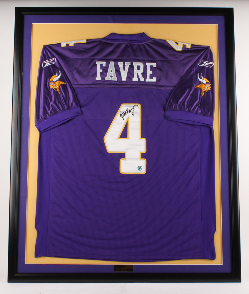 Brett Favre Signed Vikings 34.25" x 42.25" Custom Framed Jersey Display (Brett Favre Hologram) at PristineAuction.com Brett Favre Signed Vikings 34.25" x 42.25" Custom Framed Jersey Display (Brett Favre Hologram) at PristineAuction.com