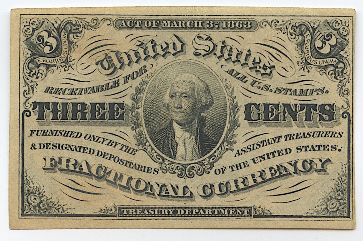 1863 United States $.03 Three Cents Fractional Bank Note Bill (Third ...
