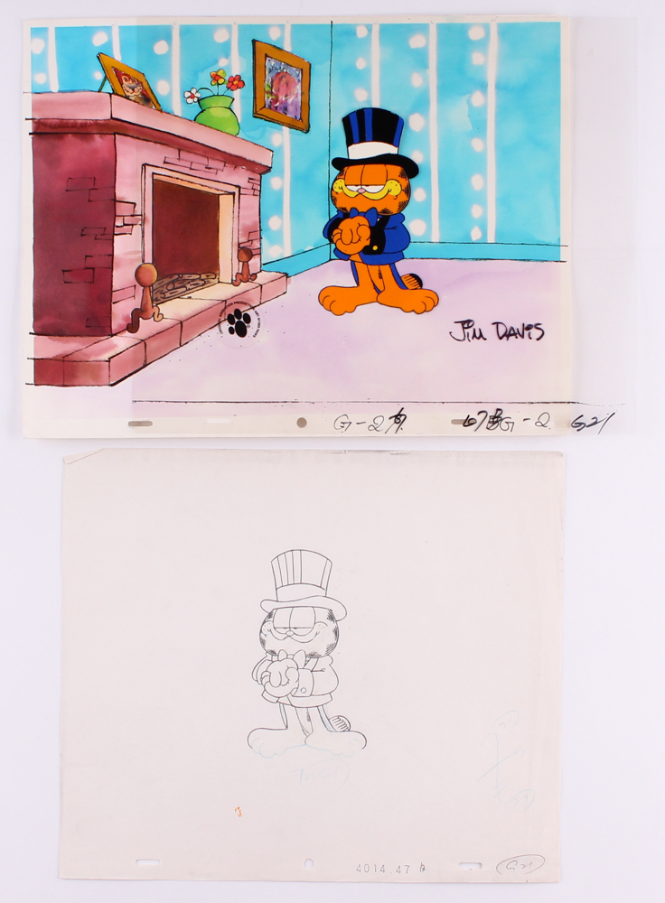 Jim Davis Signed "Garfield Sporting a Top Hat and Tails in Front of the Fireplace" 12.5" x 10.5" Original Hand-Painted Animation Production Cel with Drawing (PA LOA) at PristineAuction.com Jim Davis Signed "Garfield Sporting a Top Hat and Tails in Front of the Fireplace" 12.5" x 10.5" Original Hand-Painted Animation Production Cel with Drawing (PA LOA) at PristineAuction.com