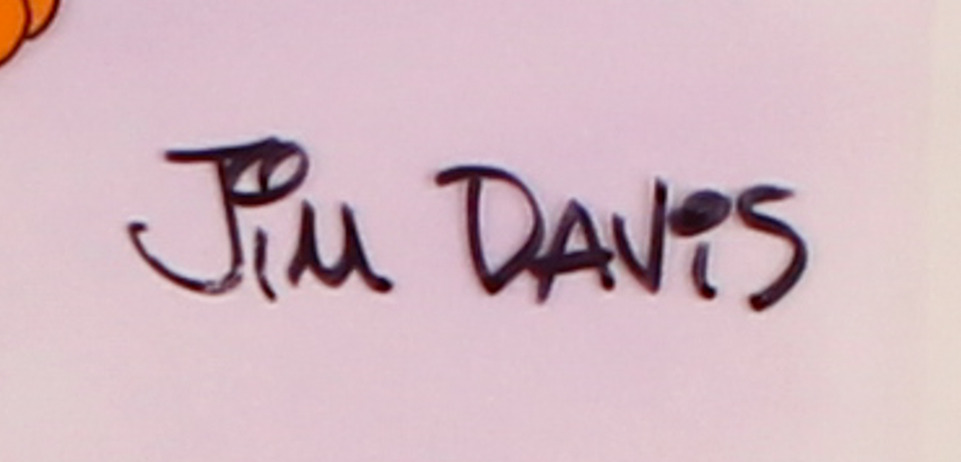 Jim Davis Signed "Garfield Sporting a Top Hat and Tails in Front of the Fireplace" 12.5" x 10.5" Original Hand-Painted Animation Production Cel with Drawing (PA LOA) at PristineAuction.com Jim Davis Signed "Garfield Sporting a Top Hat and Tails in Front of the Fireplace" 12.5" x 10.5" Original Hand-Painted Animation Production Cel with Drawing (PA LOA) at PristineAuction.com