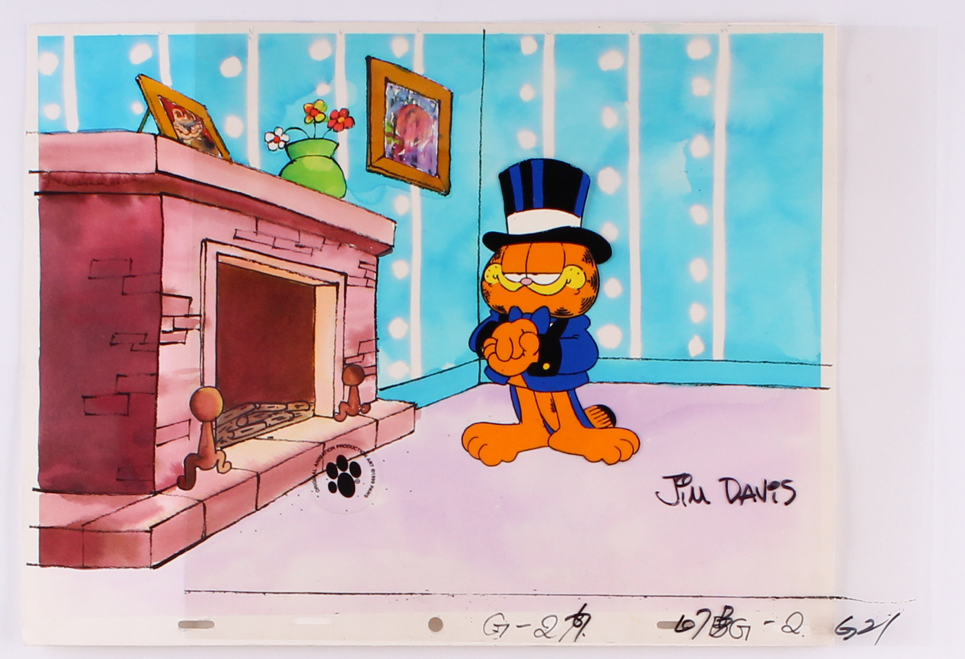 Jim Davis Signed "Garfield Sporting a Top Hat and Tails in Front of the Fireplace" 12.5" x 10.5" Original Hand-Painted Animation Production Cel with Drawing (PA LOA) at PristineAuction.com Jim Davis Signed "Garfield Sporting a Top Hat and Tails in Front of the Fireplace" 12.5" x 10.5" Original Hand-Painted Animation Production Cel with Drawing (PA LOA) at PristineAuction.com