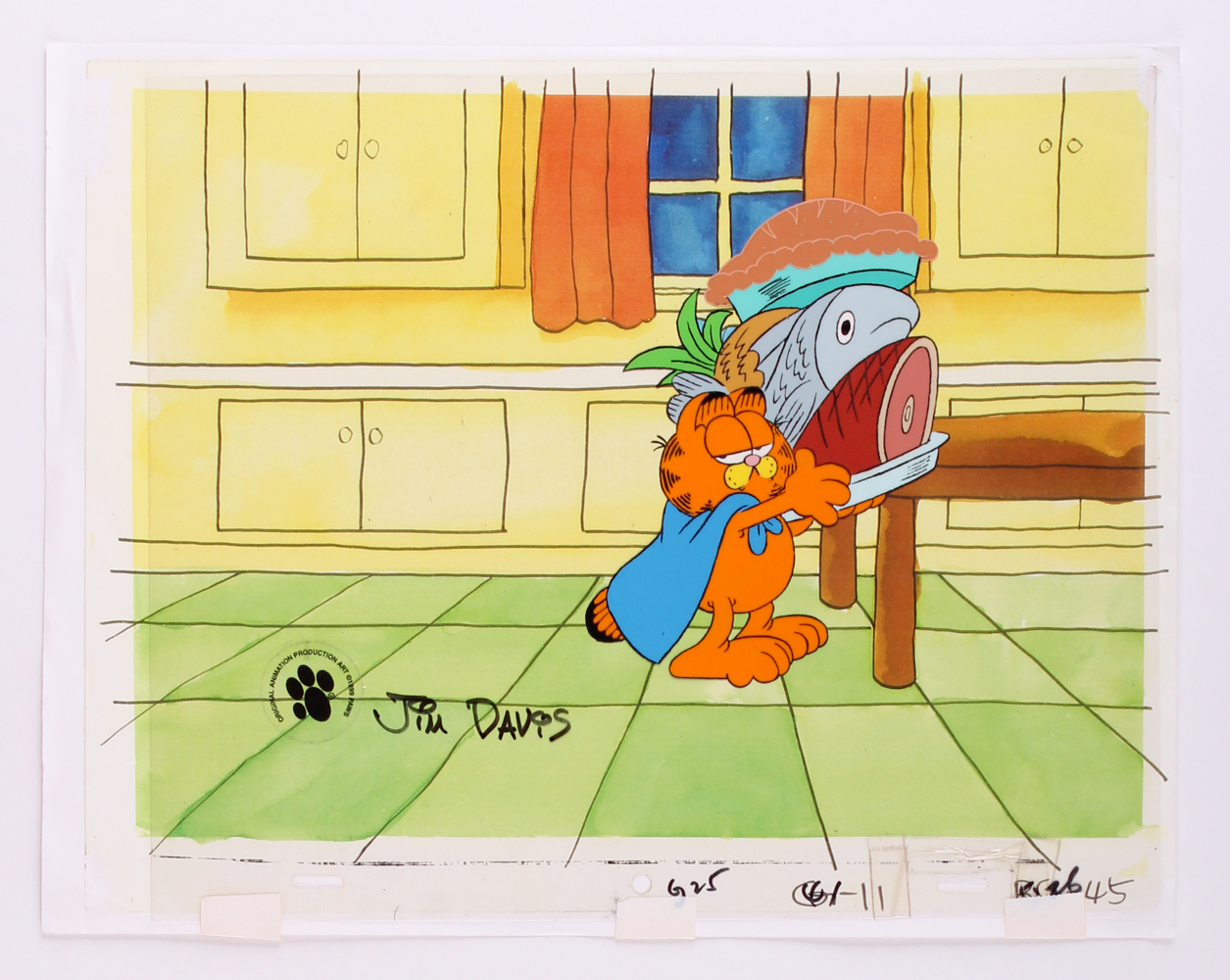 Jim Davis Signed "Garfield Dressed in a Cape in the Kitchen with a Plate of Food" 12.5" x 10.5" Original Hand-Painted Animation Production Cel (PA LOA) at PristineAuction.com Jim Davis Signed "Garfield Dressed in a Cape in the Kitchen with a Plate of Food" 12.5" x 10.5" Original Hand-Painted Animation Production Cel (PA LOA) at PristineAuction.com