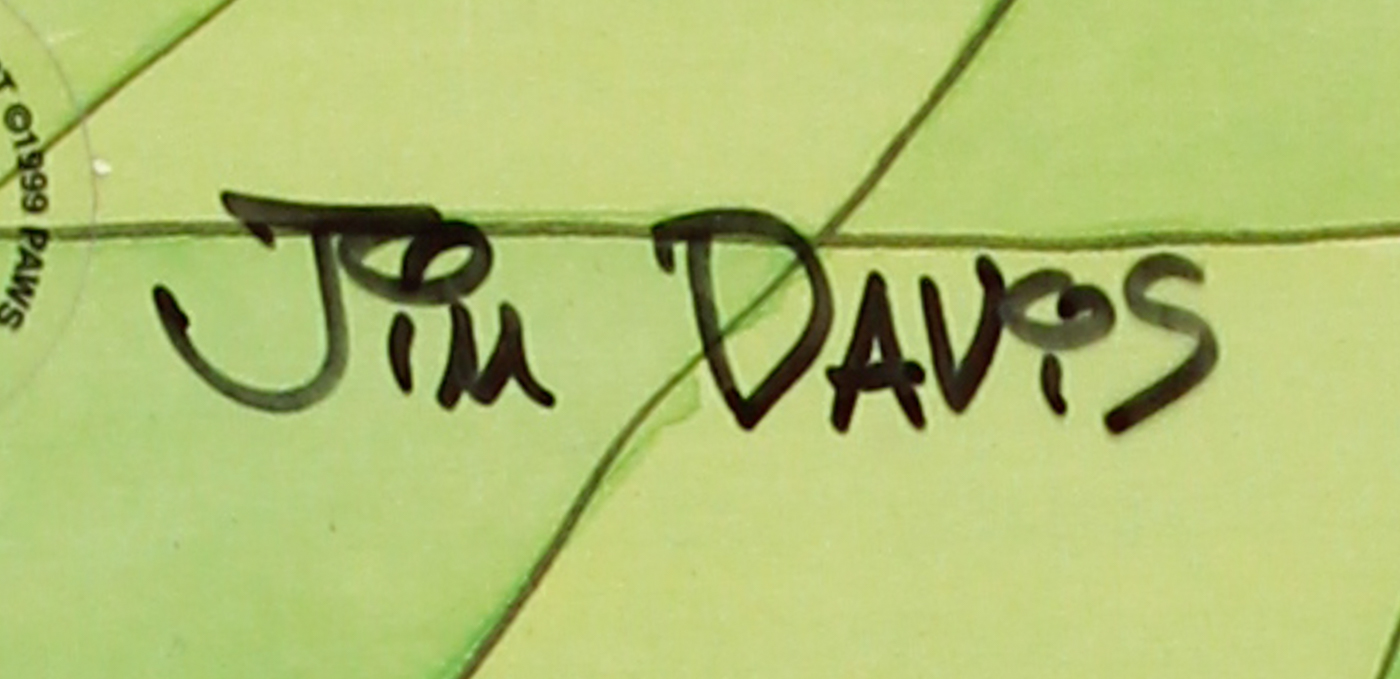 Jim Davis Signed "Garfield Dressed in a Cape in the Kitchen with a Plate of Food" 12.5" x 10.5" Original Hand-Painted Animation Production Cel (PA LOA) at PristineAuction.com Jim Davis Signed "Garfield Dressed in a Cape in the Kitchen with a Plate of Food" 12.5" x 10.5" Original Hand-Painted Animation Production Cel (PA LOA) at PristineAuction.com