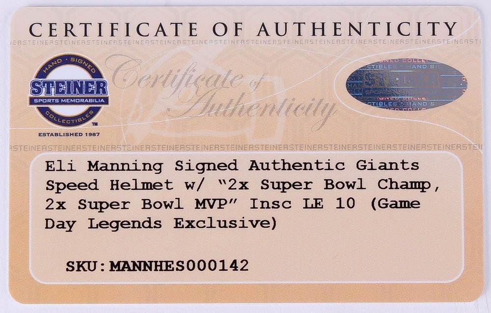 Eli Manning Signed Limited Edition Giants Full-Size Authentic Pro-Line Speed Helmet Inscribed "2x Super Bowl Champs" & "2x Super Bowl MVP" #10/10 (Steiner COA) at PristineAuction.com Eli Manning Signed Limited Edition Giants Full-Size Authentic Pro-Line Speed Helmet Inscribed "2x Super Bowl Champs" & "2x Super Bowl MVP" #10/10 (Steiner COA) at PristineAuction.com