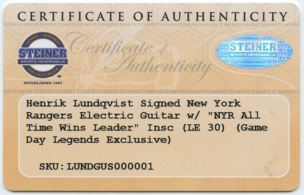 Henrik Lundqvist Signed LE New York Rangers Electric Guitar Inscribed "NYR All Time Wins Leader" (Steiner COA) at PristineAuction.com Henrik Lundqvist Signed LE New York Rangers Electric Guitar Inscribed "NYR All Time Wins Leader" (Steiner COA) at PristineAuction.com