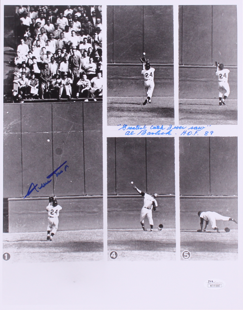 Willie Mays & Al Barlick Signed "The Catch" 1954 World Series Giants 11x14 Photo Inscribed "The Neatest Catch I Ever Saw" & "H.O.F. 89" (JSA COA) at PristineAuction.com Willie Mays & Al Barlick Signed "The Catch" 1954 World Series Giants 11x14 Photo Inscribed "The Neatest Catch I Ever Saw" & "H.O.F. 89" (JSA COA) at PristineAuction.com