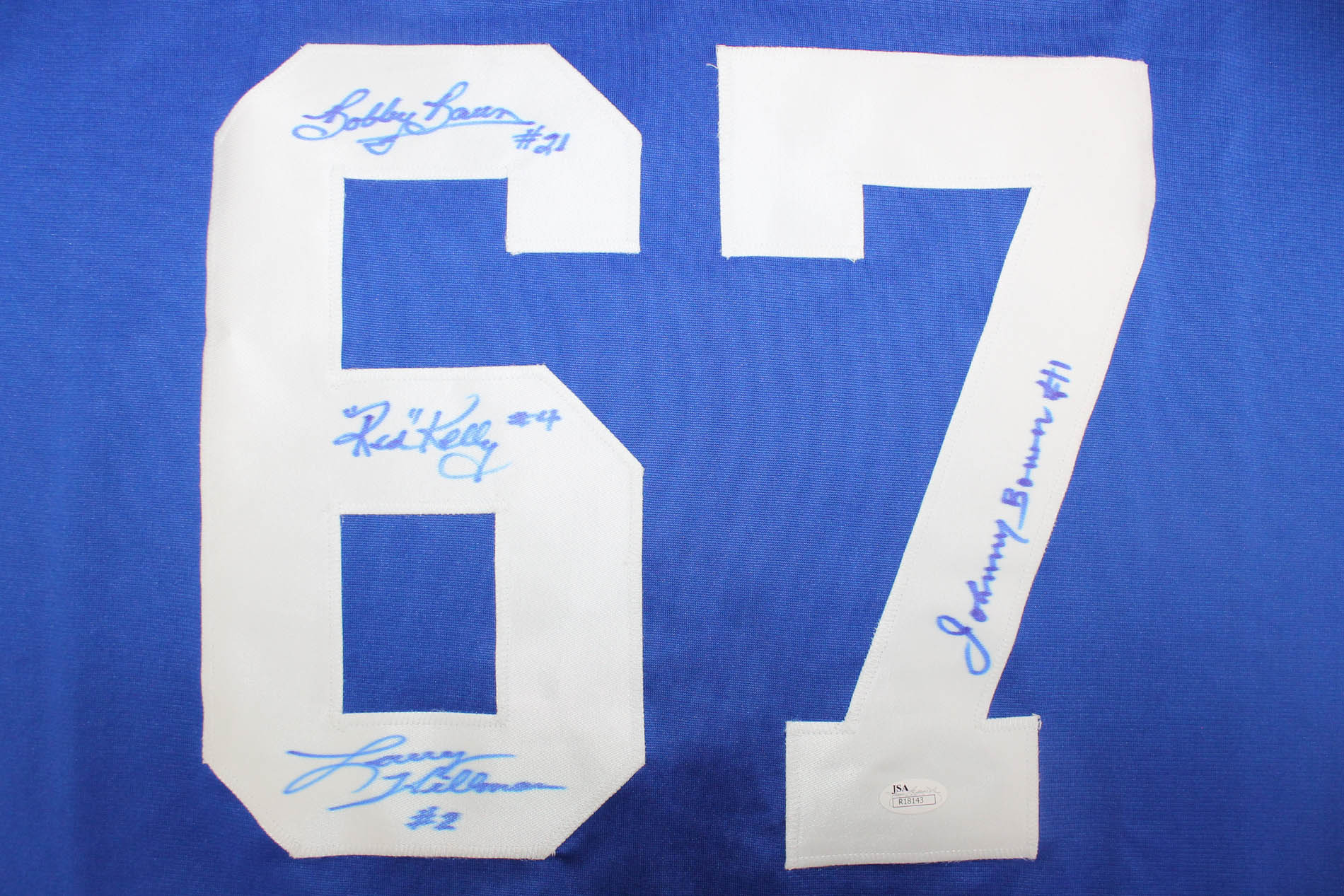 1967 Maple Leafs "Stanley Cup" Jersey Signed by (4) with Johnny Bower, Red Kelly, Larry Hillman, & Bobby Baun (JSA COA) at PristineAuction.com 1967 Maple Leafs "Stanley Cup" Jersey Signed by (4) with Johnny Bower, Red Kelly, Larry Hillman, & Bobby Baun (JSA COA) at PristineAuction.com