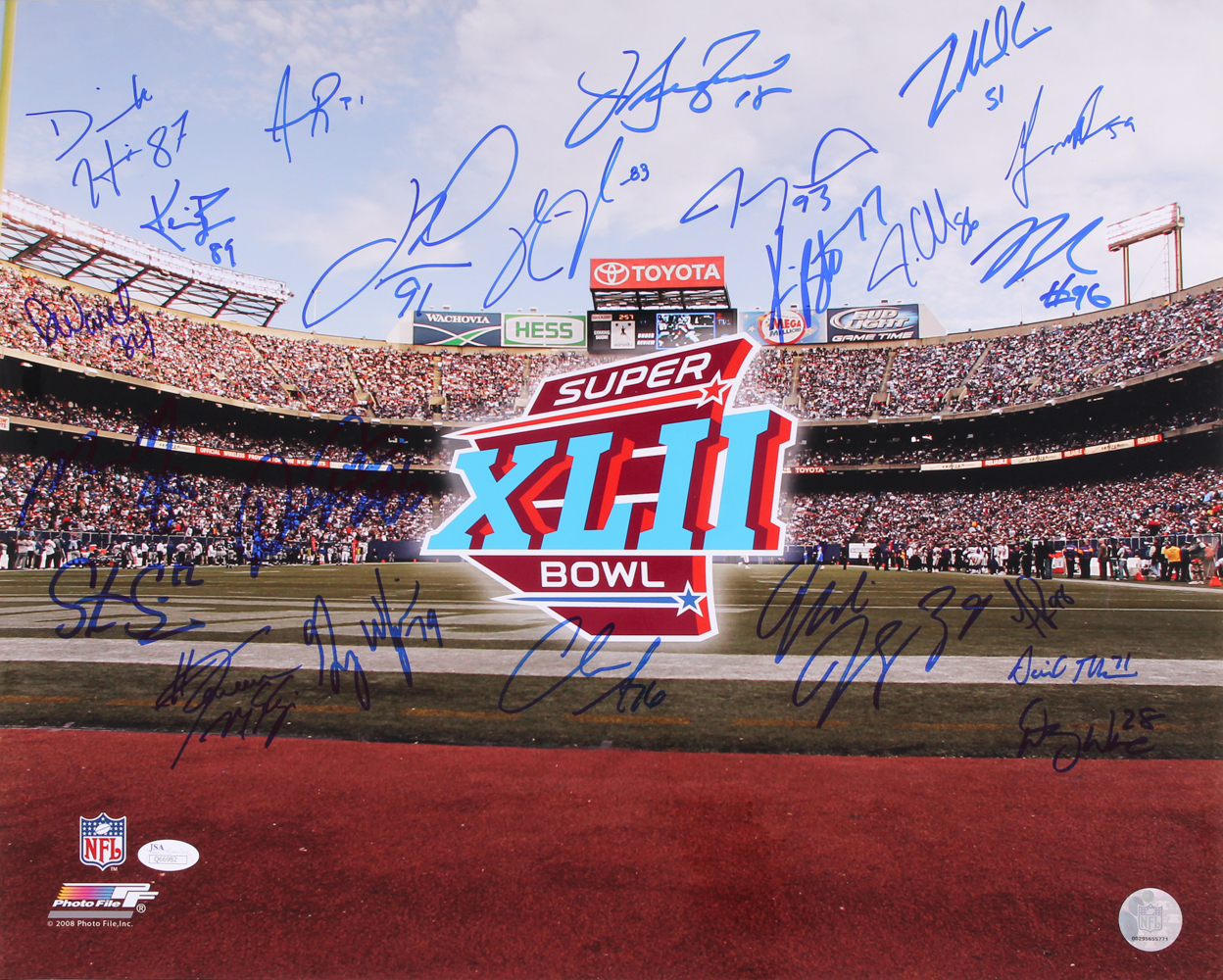 2007 New York Giants Team-Signed Super Bowl XLII 16x20 Photo with (23) Signatures Including Justin Tuck, David Diehl, Chris Snee (JSA COA) at PristineAuction.com 2007 New York Giants Team-Signed Super Bowl XLII 16x20 Photo with (23) Signatures Including Justin Tuck, David Diehl, Chris Snee (JSA COA) at PristineAuction.com